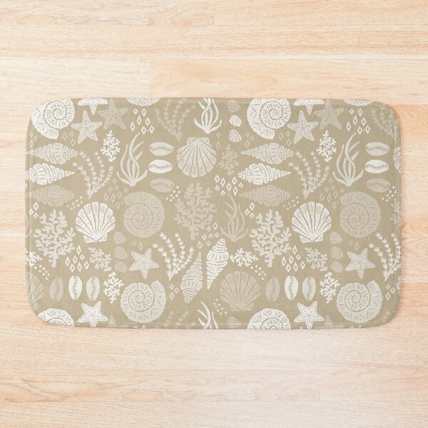 Item preview, Seashells Starfish Coral Block Print Folk Art Coastal Beach House Bathroom Cream White designed and sold by RenattaZare.