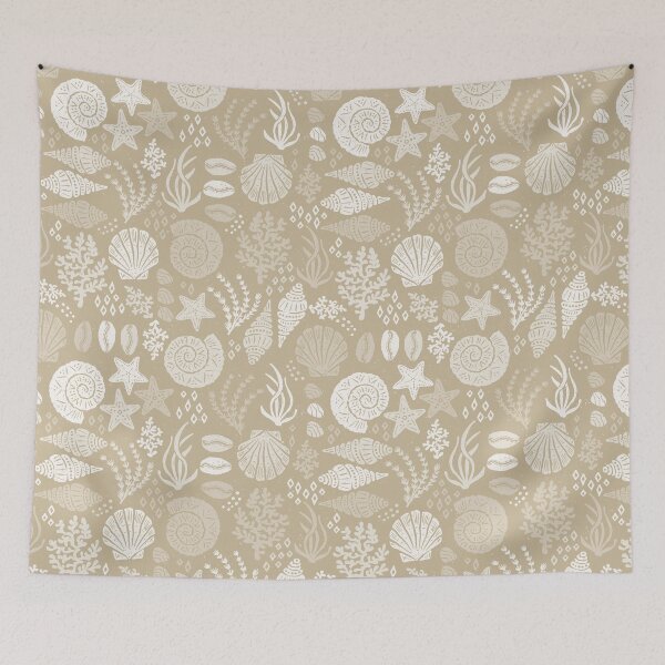 Item preview, Seashells Starfish Coral Block Print Folk Art Coastal Beach House Bathroom Cream White designed and sold by RenattaZare.