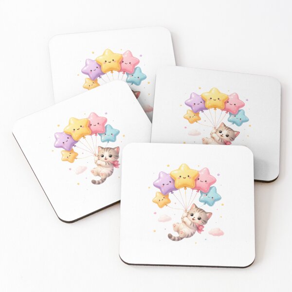 Item preview, Floating Kitten with Star Balloons designed and sold by Happy Ghost Studio.