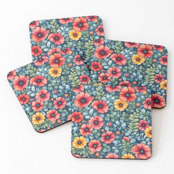 Item preview, Red Poppies and Eucalyptus Leaf Teal Seamless Pattern designed and sold by dcohea.