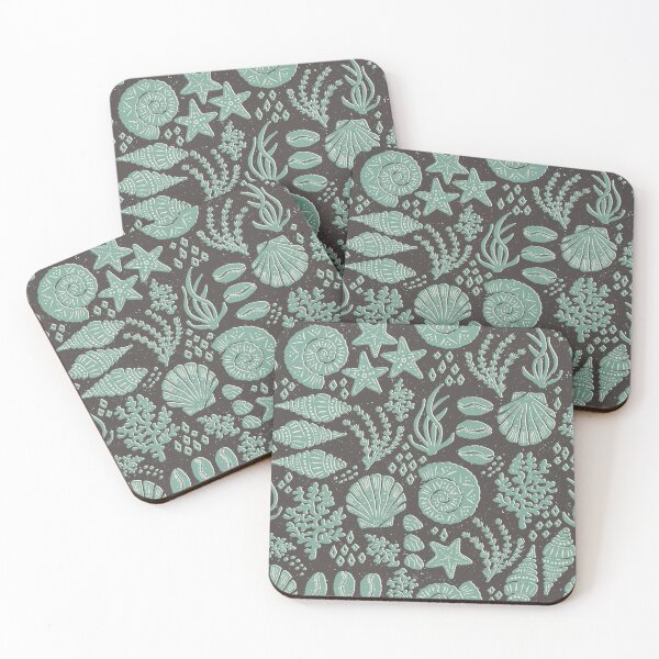 Item preview, Shells Coral Ammonite Folk Heritage Block Print Coastal Beach Cottage Decor Teal designed and sold by RenattaZare.