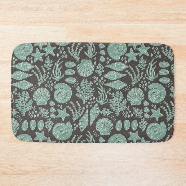 Item preview, Shells Coral Ammonite Folk Heritage Block Print Coastal Beach Cottage Decor Teal designed and sold by RenattaZare.