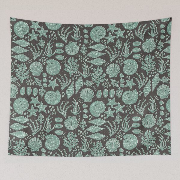 Item preview, Shells Coral Ammonite Folk Heritage Block Print Coastal Beach Cottage Decor Teal designed and sold by RenattaZare.