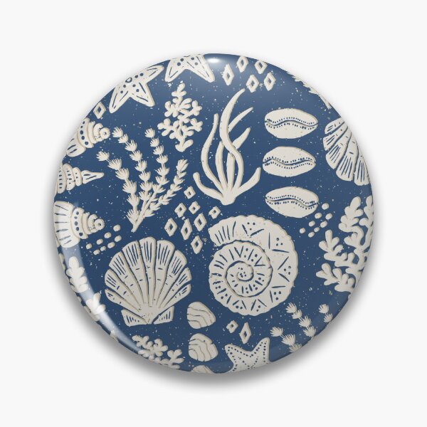 Item preview, Shells Coral Ammonite Folk Heritage Block Print Coastal Beach Cottage Decor Navy Blue designed and sold by RenattaZare.