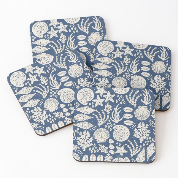 Item preview, Shells Coral Ammonite Folk Heritage Block Print Coastal Beach Cottage Decor Navy Blue designed and sold by RenattaZare.