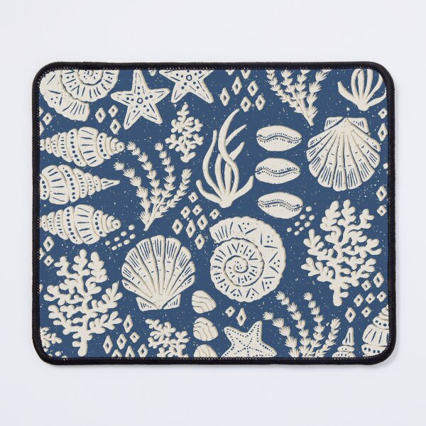 Item preview, Shells Coral Ammonite Folk Heritage Block Print Coastal Beach Cottage Decor Navy Blue designed and sold by RenattaZare.