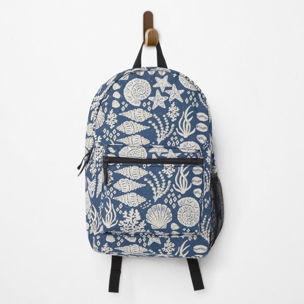 Item preview, Shells Coral Ammonite Folk Heritage Block Print Coastal Beach Cottage Decor Navy Blue designed and sold by RenattaZare.