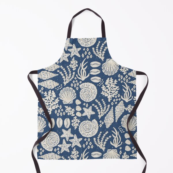 Item preview, Shells Coral Ammonite Folk Heritage Block Print Coastal Beach Cottage Decor Navy Blue designed and sold by RenattaZare.