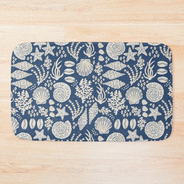Item preview, Shells Coral Ammonite Folk Heritage Block Print Coastal Beach Cottage Decor Navy Blue designed and sold by RenattaZare.