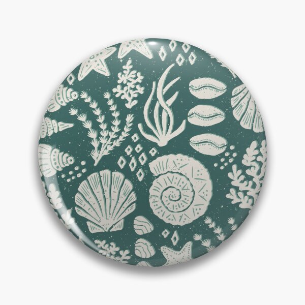 Item preview, Shells Coral Ammonite Folk Heritage Block Print Coastal Beach Cottage Decor Dark Green designed and sold by RenattaZare.