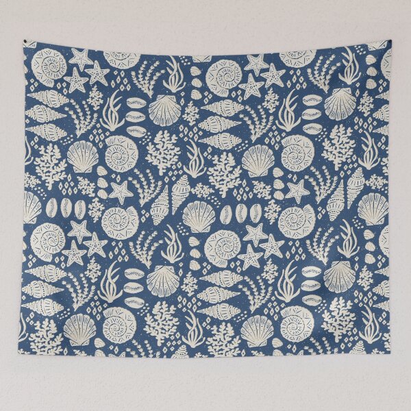 Item preview, Shells Coral Ammonite Folk Heritage Block Print Coastal Beach Cottage Decor Navy Blue designed and sold by RenattaZare.