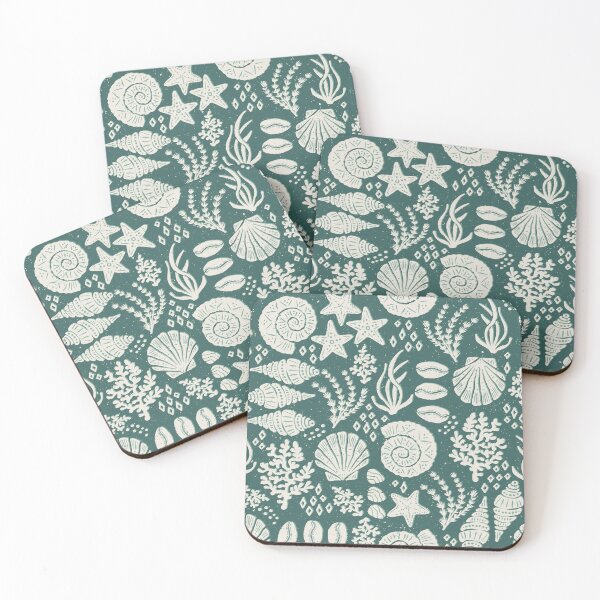 Item preview, Shells Coral Ammonite Folk Heritage Block Print Coastal Beach Cottage Decor Dark Green designed and sold by RenattaZare.