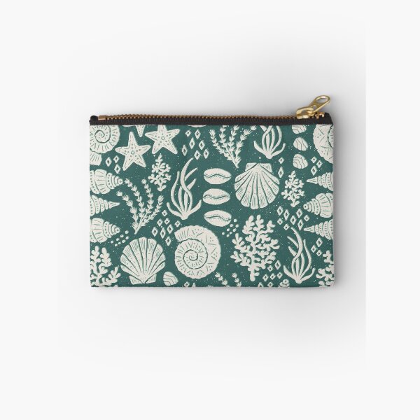 Item preview, Shells Coral Ammonite Folk Heritage Block Print Coastal Beach Cottage Decor Dark Green designed and sold by RenattaZare.