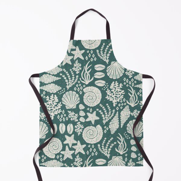 Item preview, Shells Coral Ammonite Folk Heritage Block Print Coastal Beach Cottage Decor Dark Green designed and sold by RenattaZare.