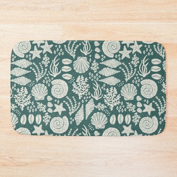 Item preview, Shells Coral Ammonite Folk Heritage Block Print Coastal Beach Cottage Decor Dark Green designed and sold by RenattaZare.