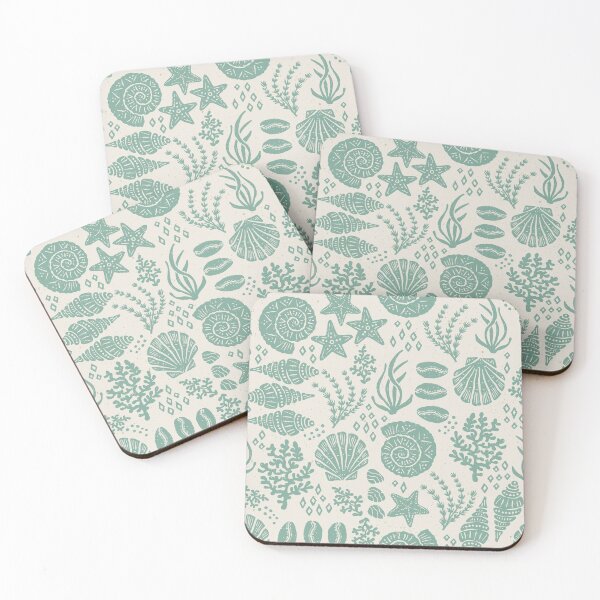 Item preview, Shells Coral Ammonite Folk Heritage Block Print Coastal Beach Cottage Decor Sage Green designed and sold by RenattaZare.