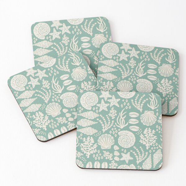 Item preview, Shells Coral Ammonite Folk Heritage Block Print Coastal Beach Cottage Decor Dusty Blue designed and sold by RenattaZare.