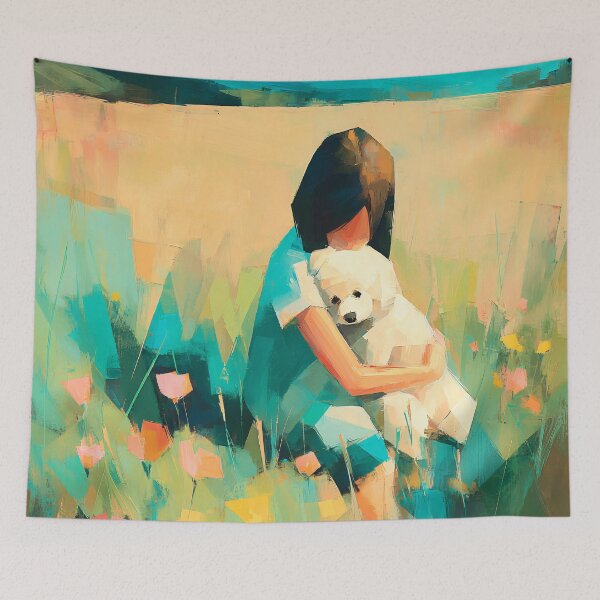 Item preview, Girl and Puppy in Meadow Art Print | Wildflower Field Painting | Whimsical Nature Wall Art designed and sold by ThingsCatsDo.