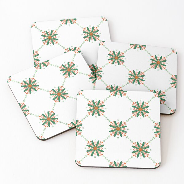 Item preview, Vintage floral tile seamless pattern with green leaves and orange flower ornaments in a diagonal grid layout on white background designed and sold by AjjimaJKM.