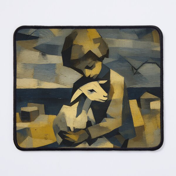 Item preview, Cubist Girl with Goat Art Print | Geometric Figure Painting | Abstract Blue and Gold Wall Art designed and sold by ThingsCatsDo.