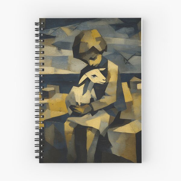 Item preview, Cubist Girl with Goat Art Print | Geometric Figure Painting | Abstract Blue and Gold Wall Art designed and sold by ThingsCatsDo.