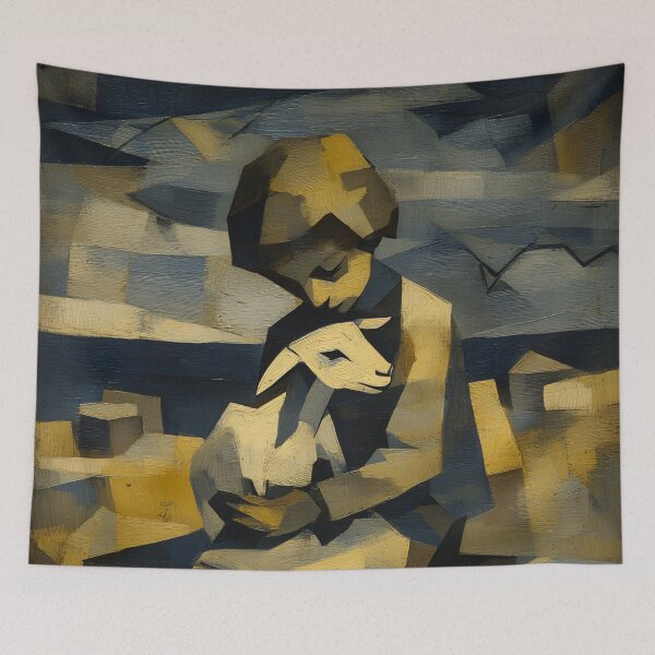 Item preview, Cubist Girl with Goat Art Print | Geometric Figure Painting | Abstract Blue and Gold Wall Art designed and sold by ThingsCatsDo.