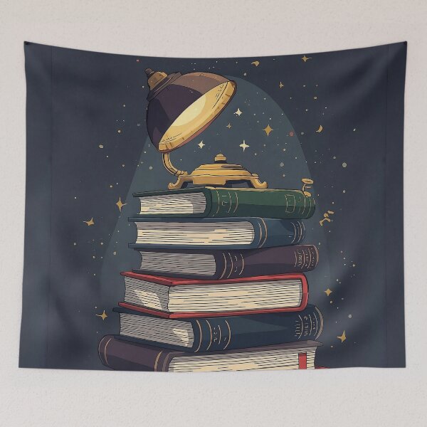 Item preview, Vintage Book Stack with Reading Lamp Under Starry Night designed and sold by Evergreen Horizon Works.