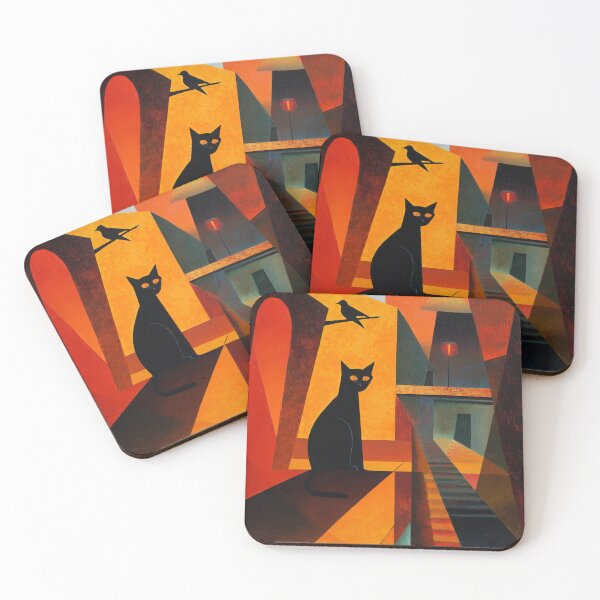 Item preview, Black Cat Cubist Art Print | Geometric Alleyway Painting | Abstract Orange Cat Wall Art designed and sold by ThingsCatsDo.