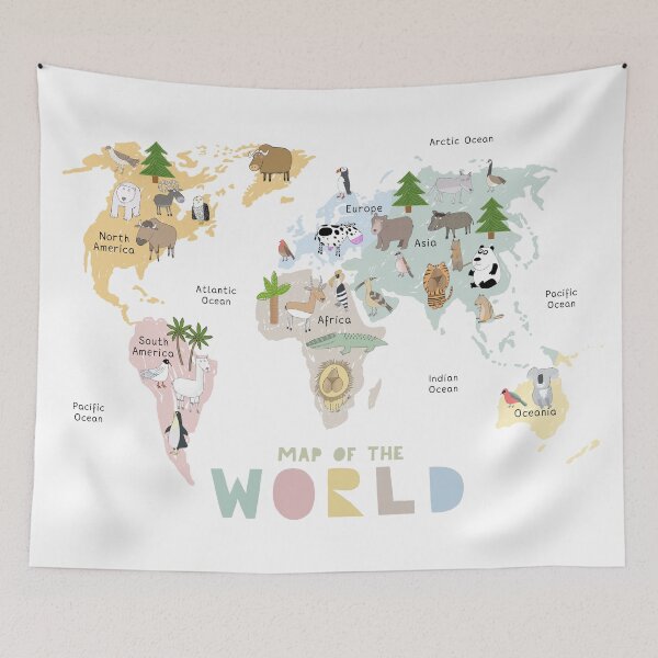 Item preview, Illustrated World Map with Animals, Continents and Oceans designed and sold by Carla Daly.