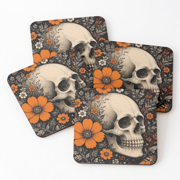 Item preview, Vintage Botanical Skull Orange Flowers Monarch Butterfly Gothic Art designed and sold by LYAN-STORE.
