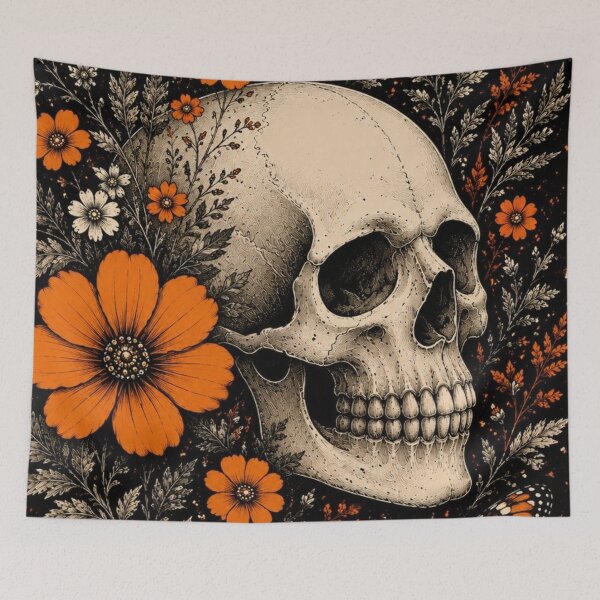 Item preview, Vintage Botanical Skull Orange Flowers Monarch Butterfly Gothic Art designed and sold by LYAN-STORE.
