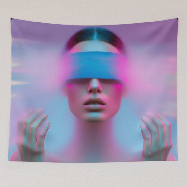 Item preview, Blindfolded woman in fog illuminated by neon light. designed and sold by stardustcloset.
