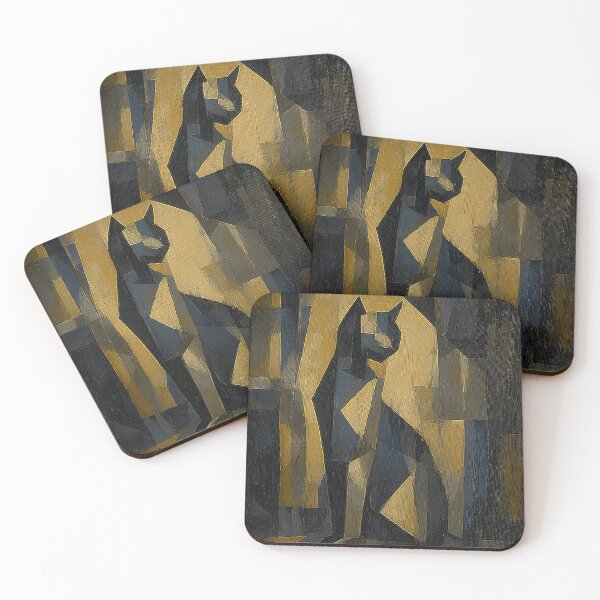 Item preview, Cubist Black Cat Art Print | Geometric Sitting Cat Painting | Abstract Navy and Tan Wall Art designed and sold by ThingsCatsDo.