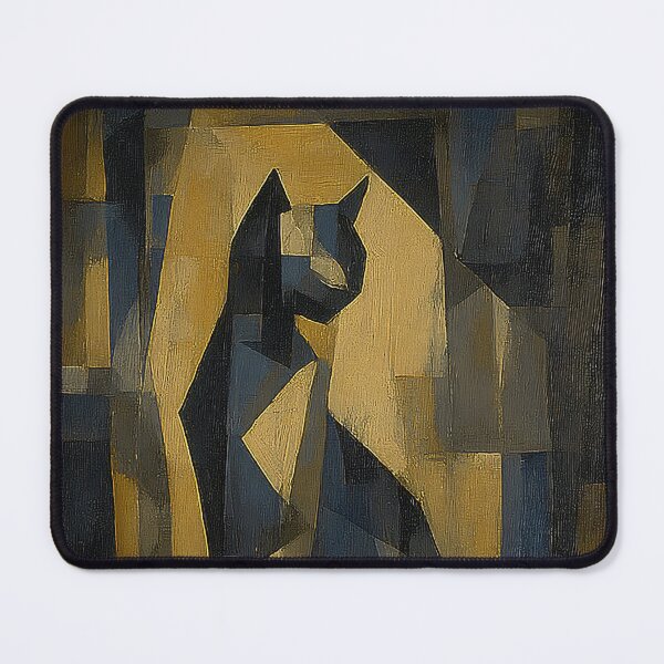 Item preview, Cubist Black Cat Art Print | Geometric Sitting Cat Painting | Abstract Navy and Tan Wall Art designed and sold by ThingsCatsDo.