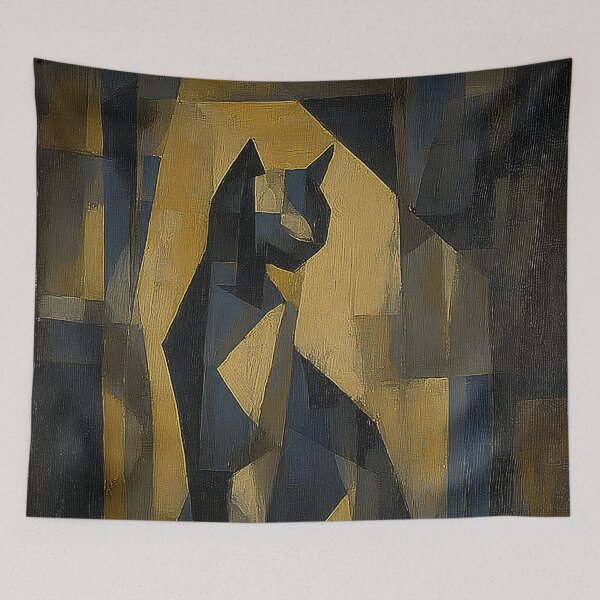Item preview, Cubist Black Cat Art Print | Geometric Sitting Cat Painting | Abstract Navy and Tan Wall Art designed and sold by ThingsCatsDo.