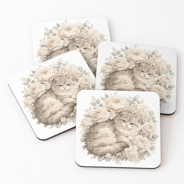 Item preview, Vintage Floral Kitten | Cozy Cat with Cream Roses | Shabby Chic Cottagecore Design designed and sold by MoodLay.