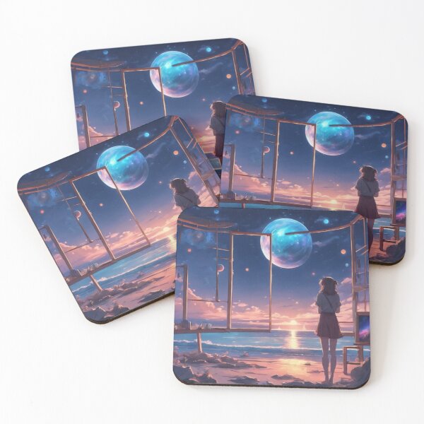 Item preview, Anime Girl Watching Cosmic Moon Beach Sunset Fantasy Art designed and sold by UmSkelig834.