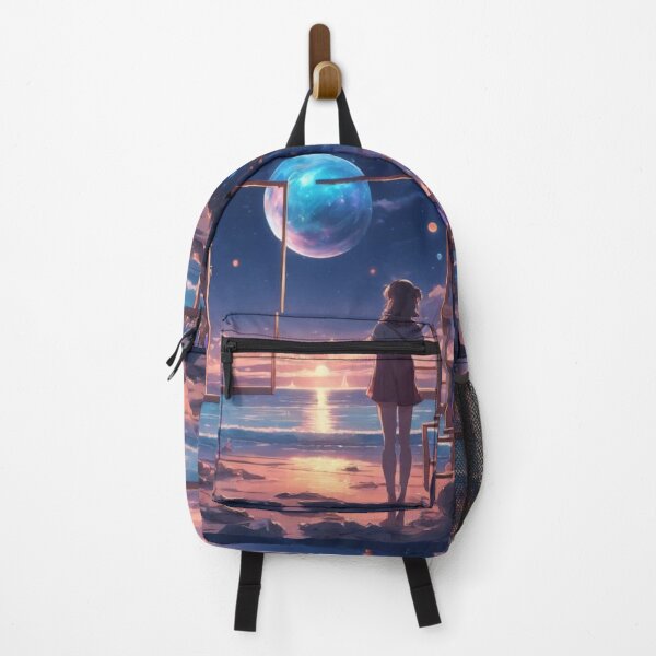 Item preview, Anime Girl Watching Cosmic Moon Beach Sunset Fantasy Art designed and sold by UmSkelig834.