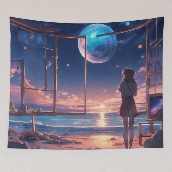 Item preview, Anime Girl Watching Cosmic Moon Beach Sunset Fantasy Art designed and sold by UmSkelig834.