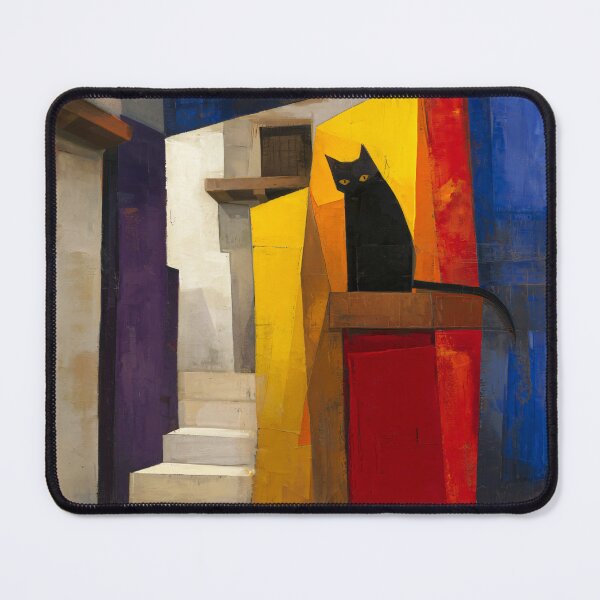 Item preview, Cubist Black Cat Art Print | Geometric Sitting Cat Painting | Abstract Navy and Tan Wall Art designed and sold by ThingsCatsDo.