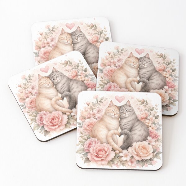 Item preview, Cute Love Cats with Pink Roses | Romantic Floral Kitten Couple | Cottagecore Cat Illustration designed and sold by MoodLay.