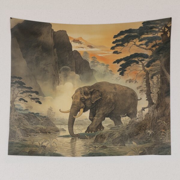 Item preview, Traditional Japanese Illustration - Elephant Drinking from a Pagoda designed and sold by DaisukiTokyo.