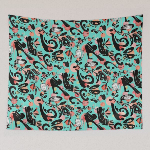 Item preview, Turquoise Whimsy Watercolor & Ink pattern designed and sold by wissal.studio.