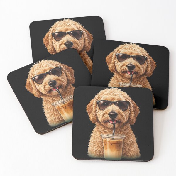 Item preview, Funny Goldendoodle Drinking Iced Coffee Dog With Sunglasses designed and sold by Dabbing Turtle Designs.