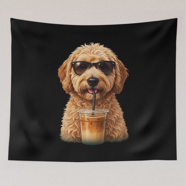 Item preview, Funny Goldendoodle Drinking Iced Coffee Dog With Sunglasses designed and sold by Dabbing Turtle Designs.