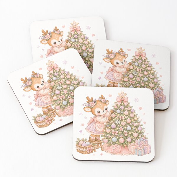Item preview, Cute Reindeer Decorating Christmas Tree | Kawaii Cottagecore Christmas Deer Pastel Holiday Illustration designed and sold by looplandger.