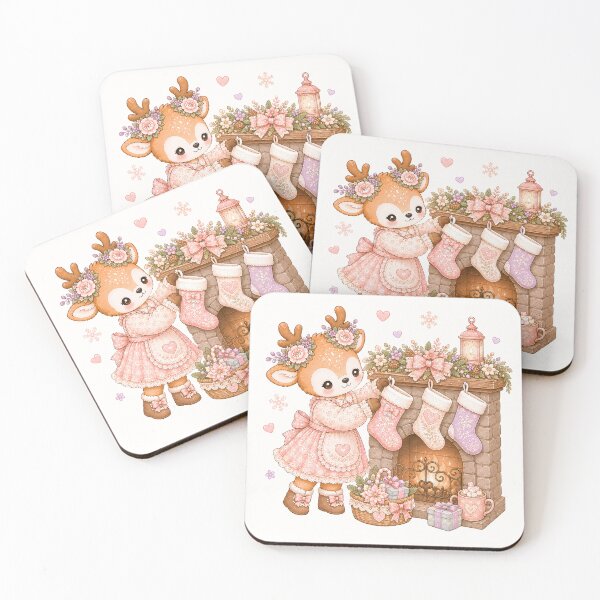 Item preview, Cute Reindeer Hanging Christmas Stockings | Kawaii Cottagecore Christmas Fireplace Pastel Holiday Illustration designed and sold by looplandger.