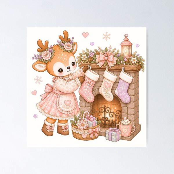 Item preview, Cute Reindeer Hanging Christmas Stockings | Kawaii Cottagecore Christmas Fireplace Pastel Holiday Illustration designed and sold by looplandger.