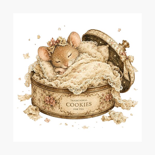 Item preview, Cute Mouse Sleeping Vintage Cookie Tin Coquette Aesthetic designed and sold by AQUILAKREO.