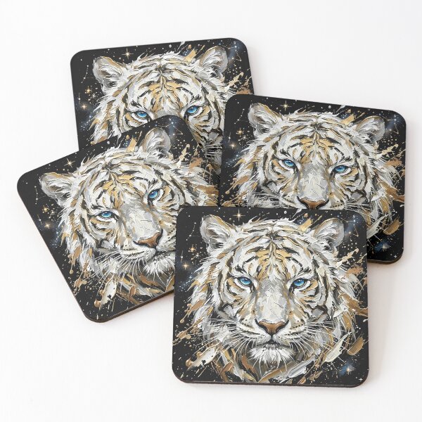 Item preview, Celestial White Tiger Art - Golden Impasto Abstract Painting designed and sold by SupernovaNote.